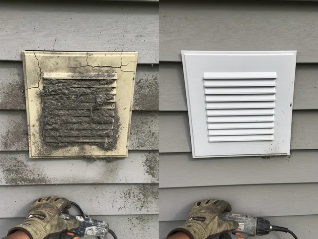 Berlin Dryer Vent Cleaning technician installing high-quality dryer vent cover at a residential property in Berlin